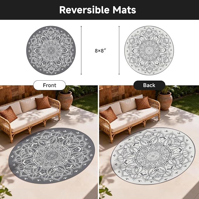 Pauwer Waterproof Outdoor Rug 8ft, Reversible Plastic Straw Patio Camping Rug, Indoor Outdoor RV Mat Carpet for Deck, Camper, Porch, Balcony, Backyard, Picnic, Floral Grey