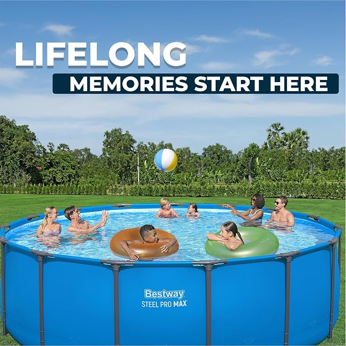 Bestway Steel Pro MAX 15’ x 48 Above Ground Swimming Pool, Pool Only, Blue | Round Durable Metal Frame Pool, Outdoor Backyard Water Activity - Includes Puncture-Resistant Liner, No-Tool Setup