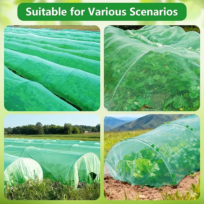 Garden Mesh Netting Kit for Raised Beds, 10x30FT Green Garden Netting ＆6 Sets Fiberglass Garden Hoops, Row Cover Garden Netting Pest Barrier Plant Protection for Vegetable Flowers Fruits