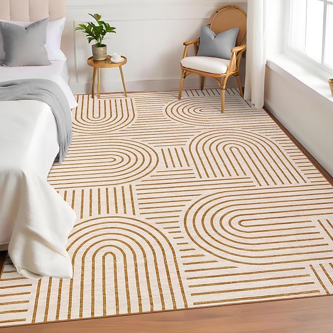 ROYHOME Modern Washable Rug 6x9 Area Rugs for Living Room Non Slip, Orange | Abstract Rug for Bedroom, Rainbow Throw Rugs with Rubber Back, Low Pile Stain Resistant Boho Geometric Carpet for Dining Room
