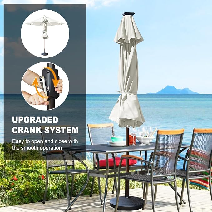 Eurmax USA 10-Year-Non-Fading 10FT Outdoor Patio Market Umbrella with LED Lights,UPF50+ UV Resistant,Heavy Duty Commercial Grade,Crank Lift Design,Windproof Vented Top for Garden,Pool,Deck,Natural