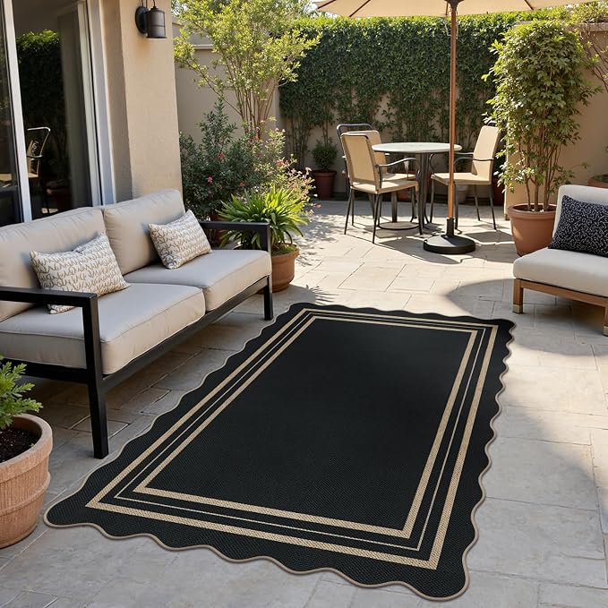 Modern Easy Jute 4x6 Outdoor Patio Rug, Washable Indoor Black Kitchen Rugs Farmhouse Neutral Non Slip Area Rug for Living Room Backyard Bedroom