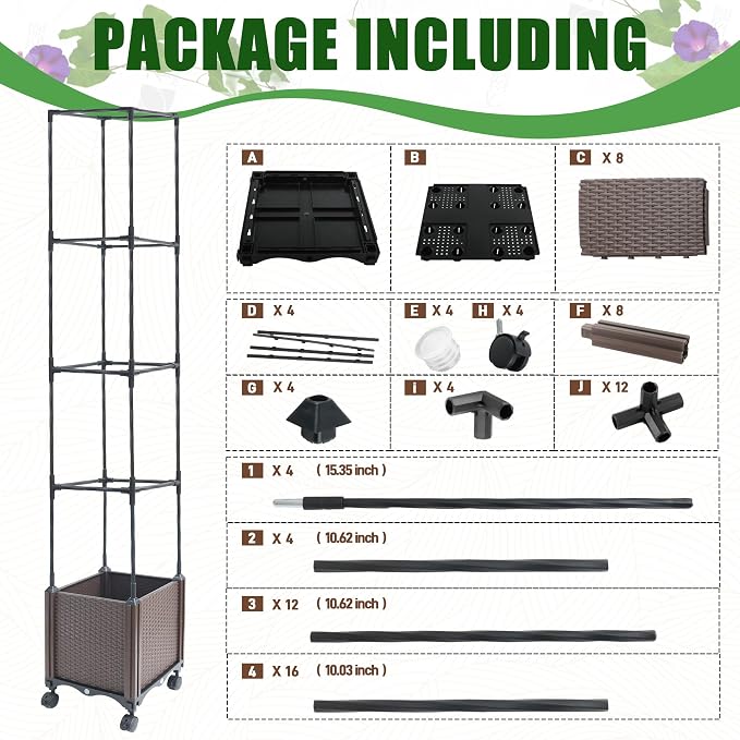 Quibbay Raised Garden Bed Planter Box with Trellis, 62.2" Self-Watering Tomato Planters for Climbing Plants Vine Flowers Outdoor Patio, Tomatoes Cage with Trellis Wheels for Outdoor, 1Pack