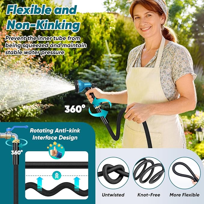 Garden Hose 100FT Non-Expanding, Lightweight Hose With 10-Function Nozzle, Leak-Proof No-Knot, Easy to Carry, Wear-Resistant, Sturdy 3/4GHT Flexible Water Hose for Outdoor (Black）