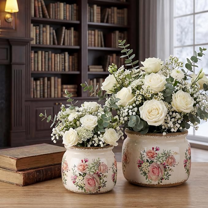 2 Pcs Vintage Planter Ceramic Plants Pot with Drainage Ice Crack Scroll Flower Vase Pot for Indoor Outdoor Plants Home Kitchen Decor Gifts(Country Rose,7.7" & 5.9")