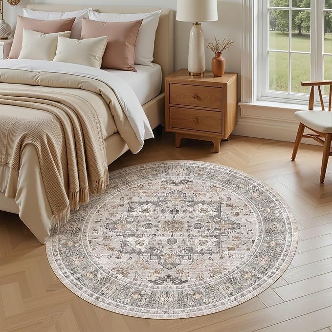 Washable Area Rug-8X8 Vintage Neutral Soft Taupe | Non Slip Thin Foldable Large Floor Carpet for Living Room Bedroom Kitchen Dining Room Home Office Farmhouse Indoor