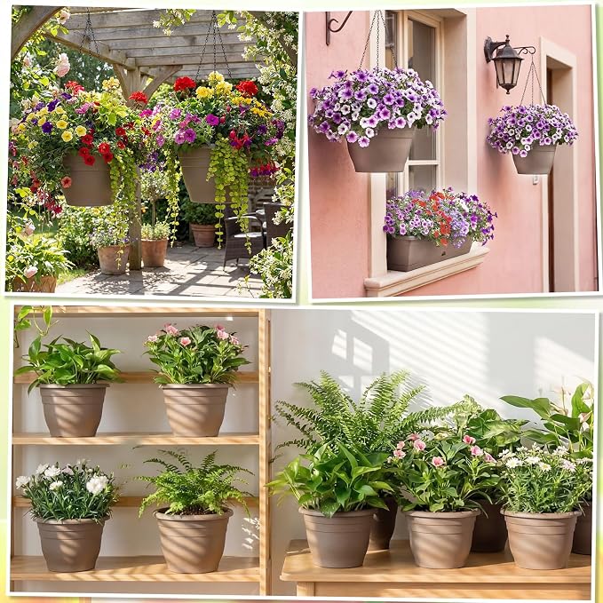 20 Pack 10 Inch Plastic Hanging Planter Bulk Brown Hanging Baskets for Plants with Drainage Trays Self Watering Plant Pot Outdoor Indoor Planter for Garden, Balcony, Porch, Patio Decor