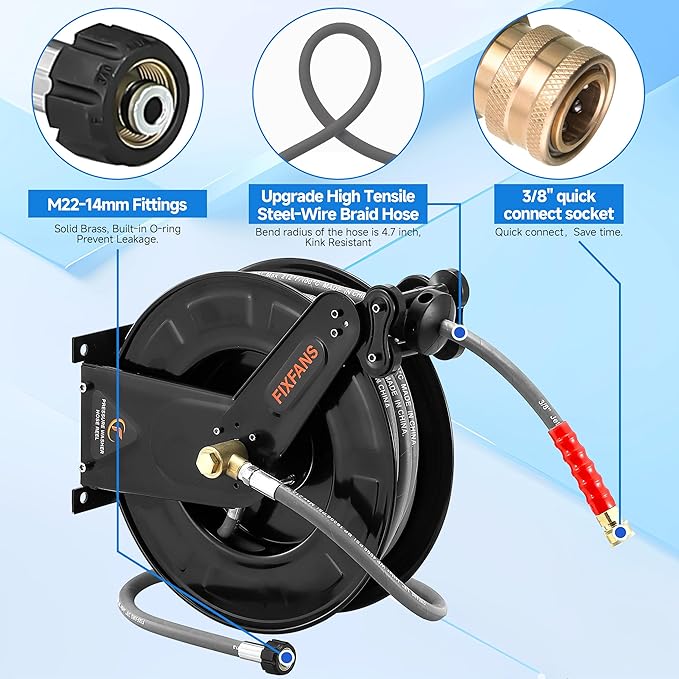 FIXFANS Pressure Washer Hose Reel with Hose for Hot and Cold Water, 3/8" X 50 FT Steel Auto-Retractable High Power Wash Hose Reel, Heavy Duty Hose Reel - Wire Braided Hose 4000 PSI, Black
