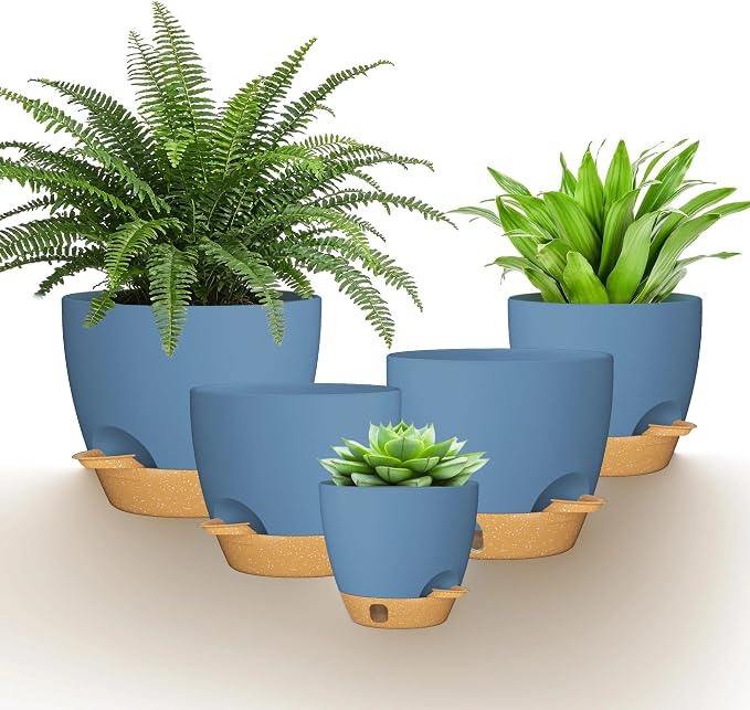 12/10/9/8/6 Inch Self Watering Pots for Indoor Outdoor Plants, Set of 5 Large Plastic Planters with Visual Water Window, Drainage Holes & Watering Lip, Modern Decorative Flower Pots (Blue)