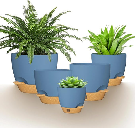 12/10/9/8/6 Inch Self Watering Pots for Indoor Outdoor Plants, Set of 5 Large Plastic Planters with Visual Water Window, Drainage Holes & Watering Lip, Modern Decorative Flower Pots (Blue)