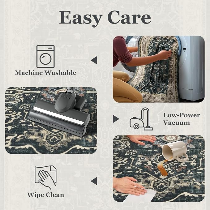 Farmhouse Distressed 3x5 Area Rugs for Entryway Foyer, Washable Non Slip Low Pile Throw Rugs for Kitchen, Vintage Medallion Pinted Carpet for Bedroom/Bathroom/Home Office, Midnight/Multi