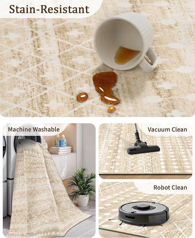 Miukiki 5x7 Washable Area Rug for Living Room, Soft Non Slip Rug Beige | Non-Slip Thin Throw Rug for Bedroom Kitchern Dining Room Office, Low Pile Indoor Floor Carpet with Vintage Pattern 5'x7'