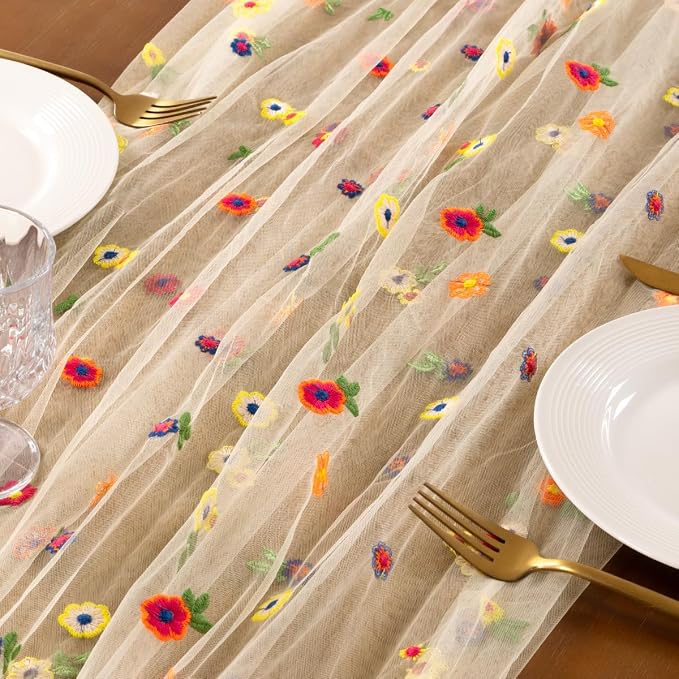 Socomi Flower Table Runner Summer Daisy Floral Tulle Gauze Cheesecloth Embroidery Table Runners for Tea Party Garden Wedding Bridal Baby Shower Birthday Picnic Decor Beige 1pc