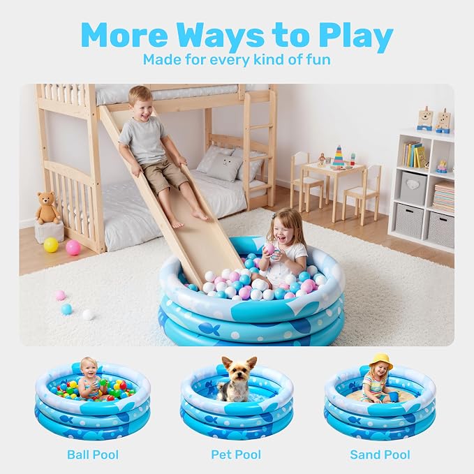 Sloosh Inflatable Kiddie Pool, 34"x10" Blow Up Kid Swimming Pool,3 Rings Blue Baby Pool for Toddler,Play Pit for Dog with Geometric Pattern for Summer Water Party Backyard Garden(Fish)