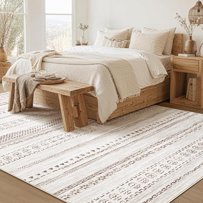 kakania Washable 8x10 Area Rug for Living Room: Boho Geometry Home Decor | Soft Stain Resistant, Low-Pile, Non-Slip, Pet & Kid Friendly, Thin Rug for Bedroom/Dining Room/Kids Dorm - Brown