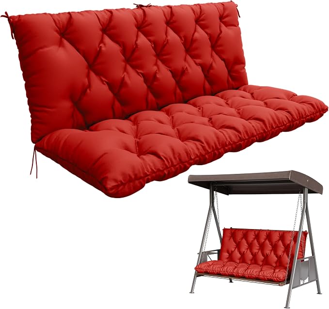 Porch Swing Cushion with Backrest,Waterproof Bench Cushion for Outdoor Furniture,2-3 Seater Replacement Thickened 5 in swing cushion,with Ties,Patio,Outdoor,Backyard and Garden (Red,60x40 in)