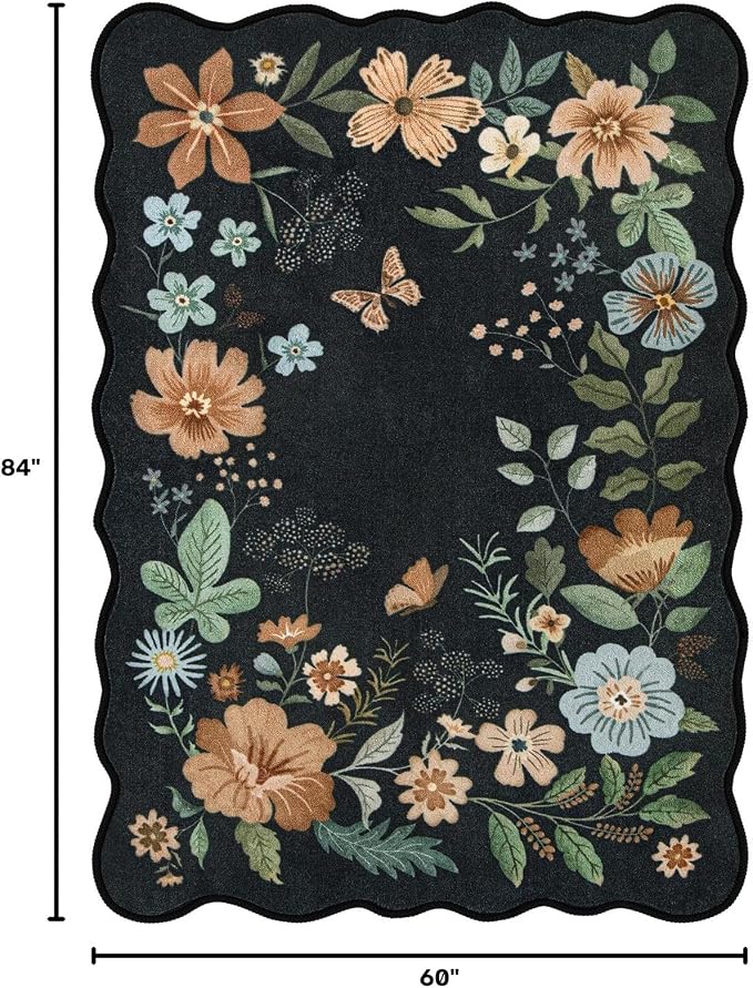 Lahome Floral Rugs for Living Room, 5x7 Area Rugs Ultra-Thin Soft Washable Rug, Non-Slip Bedroom Rug Stain Resistant Boho Flore Carpet for ‎Dining Room Office (5x7ft,Black/Grey)