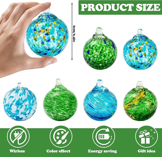 JarThenaAMCS 6Pcs Hand Blown Glass Ball Ornaments 2.4 Inch Summer Beach Gazing Ball Blue Green Hanging Friendship Witch Balls for Hawaii Home Party Garden Wall Window Decor