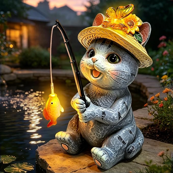 Solar Garden Cat Statues, Outdoor Fishing Cat with Butterfly Solar Lights | Birthday Gifts for Cat Lovers Mom Women, Waterproof Garden Figurines for Yard Decor, Patio Porch Lawn Ornaments