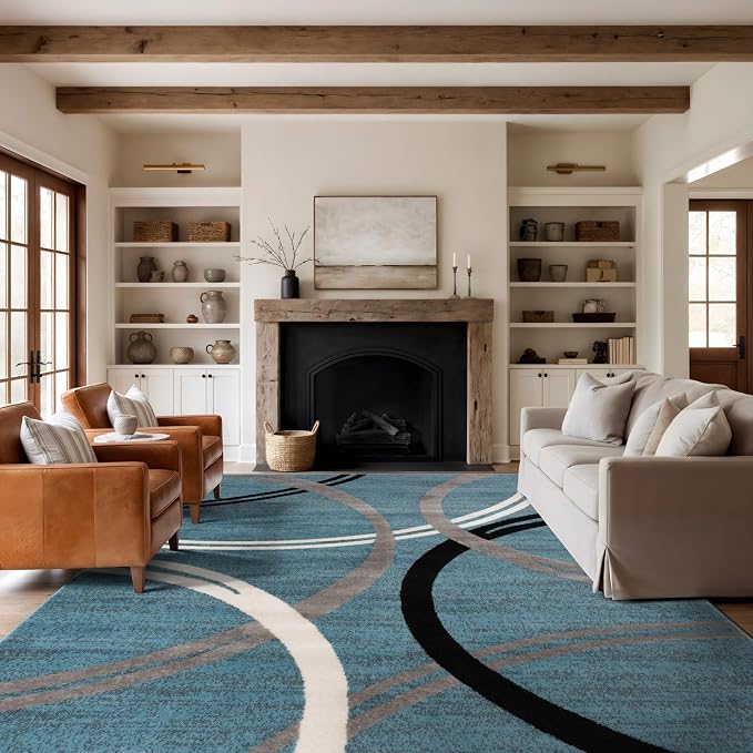 Rugshop Wavy Circles Modern Fade-Resistant Area Rug Blue 8'8" x 12' | High Traffic,Fade Resistant, Living Room, Bedroom, Dining Room, Large Areas,Basement,Open Spaces,Kitchen,Oversized Area Rug