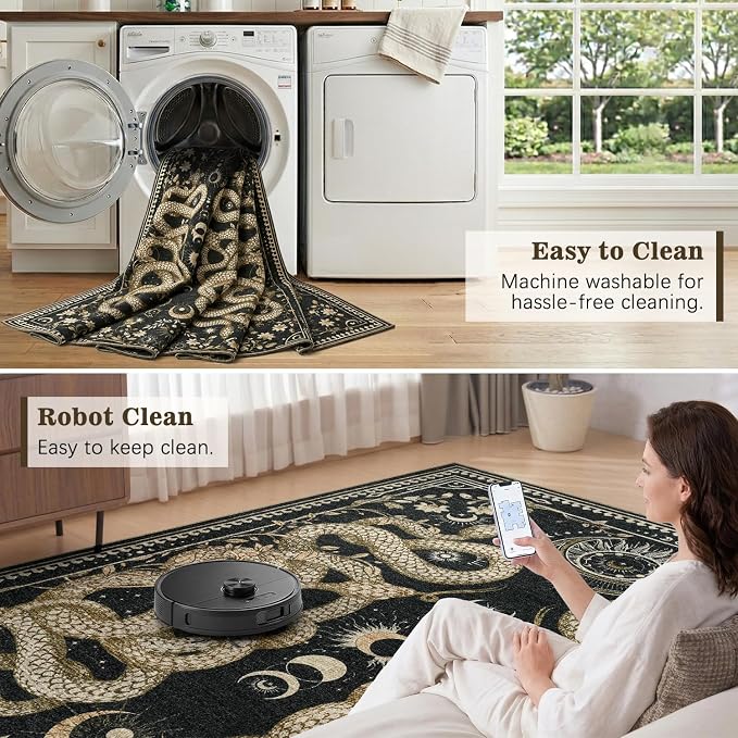 DCX 2x6 Washable Snake Rug for Living Room, Non Slip Low Pile Rug, Black | Rugs for entryway, kitchen, dining room, office, soft, kid & pet friendly, sain resistant indoor carpet, home decor