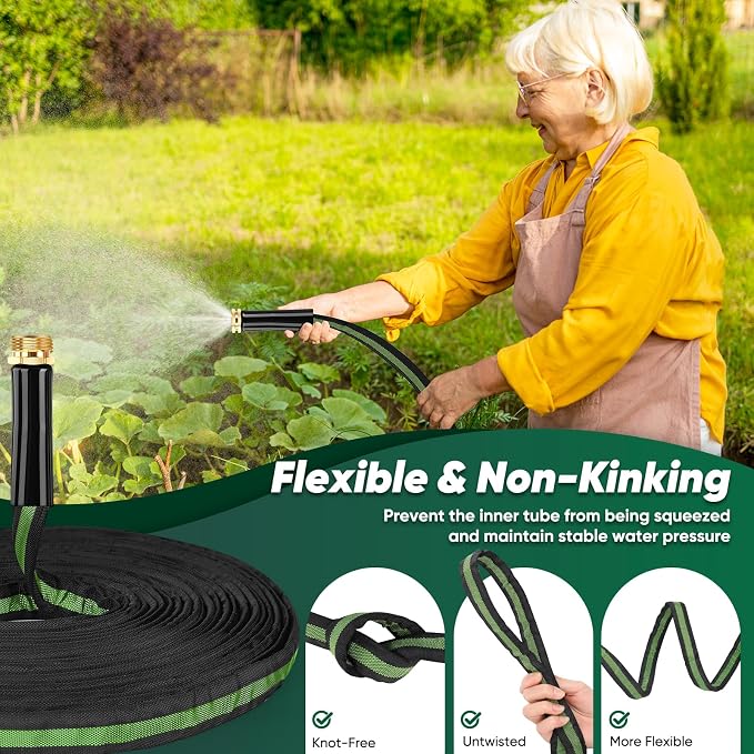 CXEZSIK Garden Hose 100ft Lightweight, Non-Expanding, Leak-Proof Metal Connector, No-Knot No-Tangle, Easy to Store and Carry, Wear-Resistant, 3/4GHT Flexible Water Hose for Yard, Outdoor (Black Green)