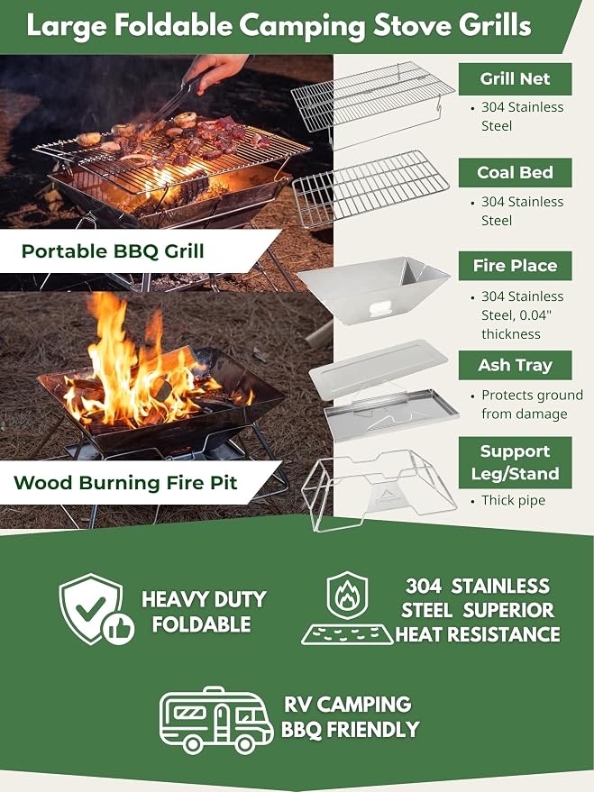CAMPINGMOON Large Portable Campfire Fire Pit BBQ Grill Stainless Steel Foldable Collapsible Wood Burning Charcoal Grill for Heavy Duty Outdoor Cooking RV Camping, 20x13-inch, Carry Bag included MT-3