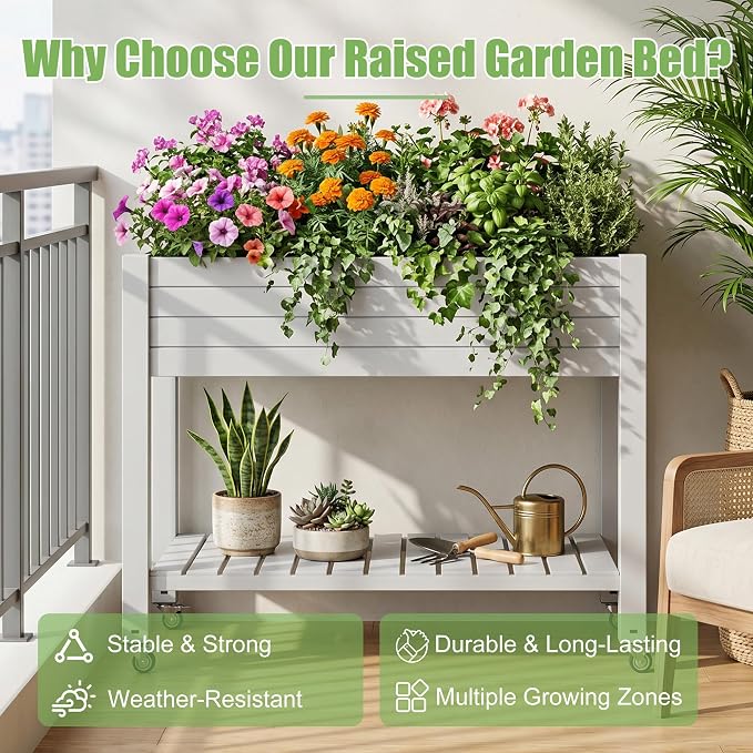 EFU Raised Garden Beds Outdoor, with Wheels & Extra Storage Shelf, Water Level Monitoring, Elevated Garden Bed, 21 Gallon Planter Raised Beds for Vegetables, Fruits, Backyard, Patio (Grayish White)