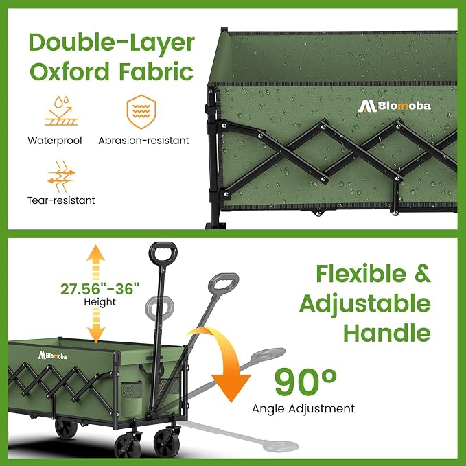 35'' Extra Long Collapsible Wagon with Wheels, 220 LBS Folding Wagon with 360° Swivel Wheels Adjustable Handle, Lightweight Portable Utility Cart for Grocery, Shopping, Garden, Sports, Camping, Green
