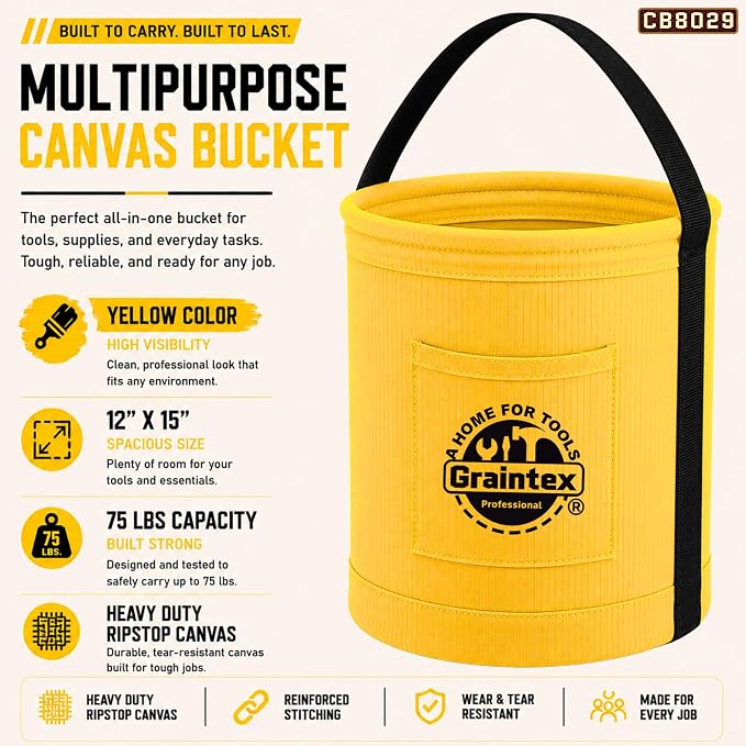 Graintex Canvas Utility Bucket 12"x15", Round Tool Bucket, Reinforced Base & Carry Handle, Ripstop Canvas, Multi-Purpose Bag for Jobsite, Gardening, Home Use, Ideal for Tool Storage Solutions - Yellow
