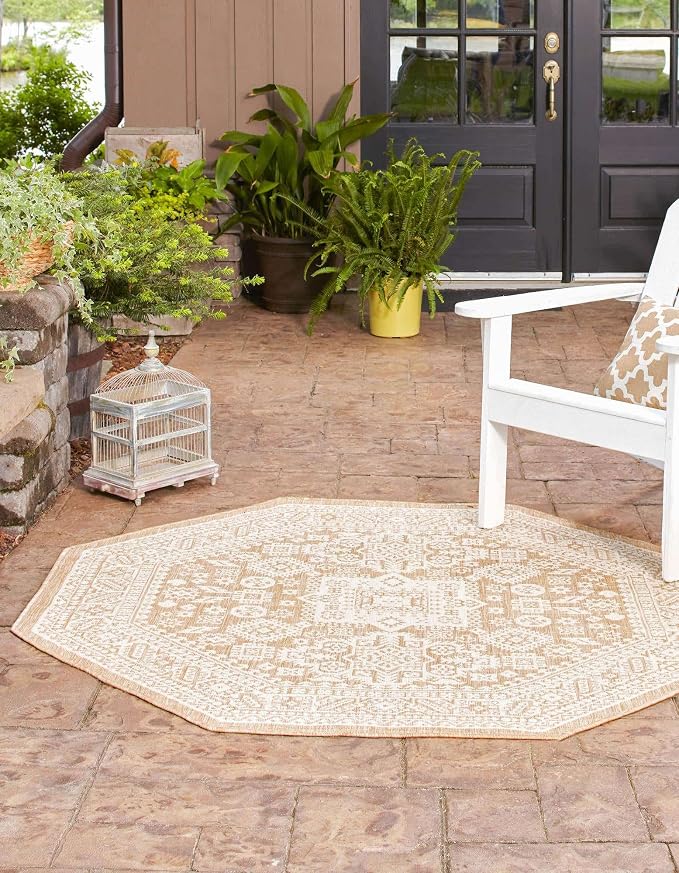 Unique Loom Outdoor Aztec Collection Area Rug - Chalca (7' 10" Octagon, Natural/ Ivory)