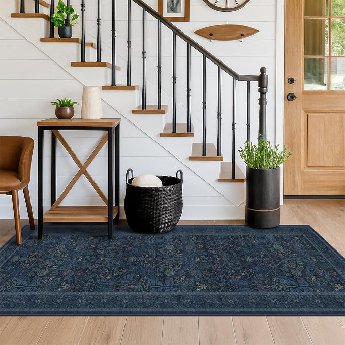 Boho Blue 2x5 Washable Laundry Entryway Mats for Floor - Small Kitchen Rug Runner Non Slip, Dark Blue Stain Resistant Area Rugs for Bedside, Bathroom, Hallway