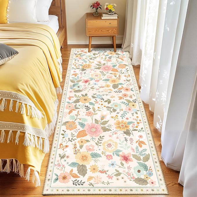 Floral Washable 2x10 Area Rugs Runner Entryway Hallway Beige/White/Orange | Flower Carpet, Print, Boho, Non-Slip, Easy to Clean, Low Pile, Soft, for Living Room Bedroom Kitchen Office Entrance