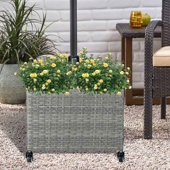 SUNNYPARK Umbrella Base with Wheels and Fillable Planter 2 in 1 | 120lbs Capacity, Heavy Duty, Hand Woven Rattan Style, Portable Decorative Umbrella Stand for Garden Backyard Deck Poolside