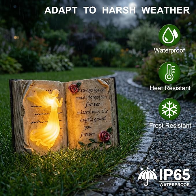 Solar Memorial Garden Lights, Angel Book Statue with Warm LED Glow, Weather-Resistant Outdoor Cemetery Decorations with 2 Removable Stakes, Sympathy Gifts for Loss of Loved One, Garden Yard Decor
