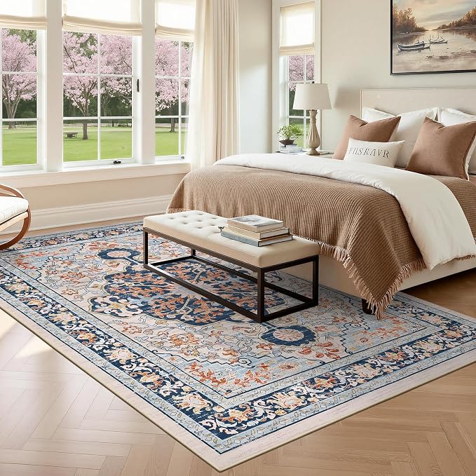 U'Artlines Boho Vintage Area Rug 5x7 Machine Washable Carpet, Orange Blue | Low Pile, Non Slip, Ultra-Thin Soft Floor Carpet, Accent Rug for Living Room Bedroom Entryway Dining Room Office