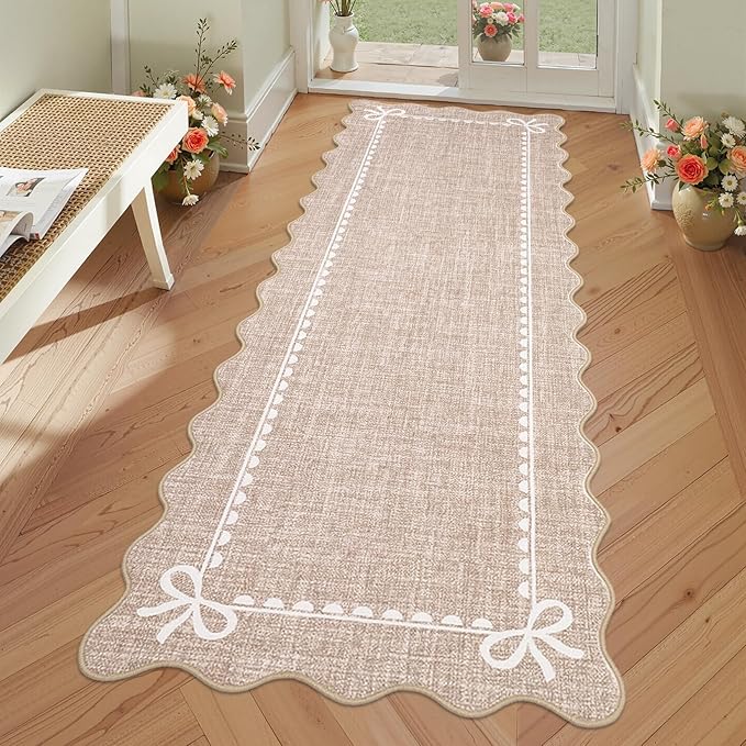 GarveeHome Scalloped Hallway Runner Rug 2x6 Non Slip Bedroom Rugs, Camel | Washable Bow Rug for Girls Dorm Nursery Living Room Entyrway Kitchen, Soft Low Pile Ultra-Thin Stain Resistant Indoor Carpet