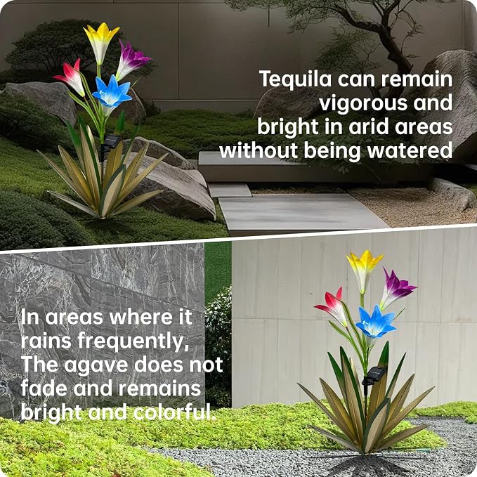 Homight Solar Metal Agave Lily Flower Garden Sculpture with LED Lights 30.3 Inch Waterproof Outdoor/Indoor Yard Decor Handmade Lawn Ornament Gift for Family Friends (2, Green)