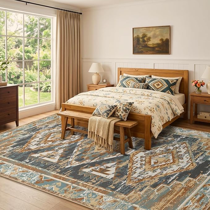 Washable 9x12 Area Rug for Living Room, Rustic Farmhouse Low-Pile Non-Slip Carpet, Stain Resistant Vintage Southwestern Large Rug for Bedroom Dining Room, Blue Rust Ivory