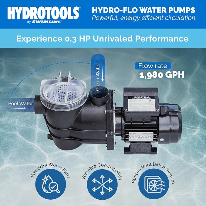 SWIMLINE HYDROTOOLS Above-Ground Pool Motor Pump, Hydro-Flo 0.3 HP w/ 1980 GPH, Vertical | Above-ground Pool Pump, 0.3 HP, 1, 980 GPH, Vertical Discharge, Strainer Basket, 115V, Single-speed, Quiet, DOE-certified