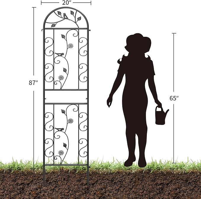 4 Pack 87x20in Garden Trellises, Daisy & Bird Black Metal Coated Rustproof Trellis for Climbing Plants Outdoor, Roses, Vegetables, Vines, Cucumbers