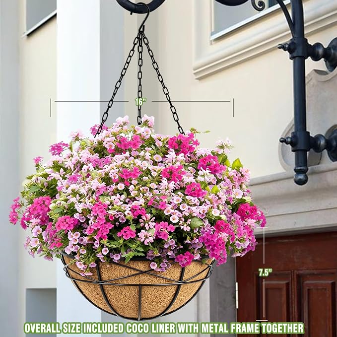 4 Pack 16 Inch Hanging Planters for Outdoor Plants Metal Wire Flower Baskets with Coco Liner & Plastic Saucer Large Deep Hanging Plant Pots for Porch Balcony Garden Décor