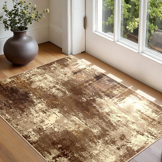 RELEANY Washable 3'x5' Abstract Area Rug for Living Room Brown Tan | Carpet for Bedroom, Kitchen, Office, Hallway and Entryway, Printed Pattern, Non‑Slip, Soft, Stain‑Resistant, Easy to Clean