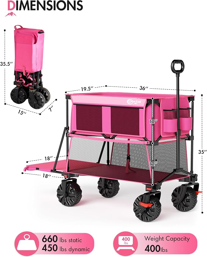 PORTAL 400L Heavy Duty Double Decker Wagon with Brakes, 54" Extra Long Extender Wagon Cart,660lb Collapsible Garden Car, All-Terrain Big Wheels for Camping, Sports, Shopping,Pink