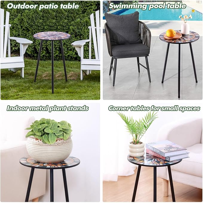 Party Zealot 1 Pack Metal Mosaic Round Side Table Small 13.4" End Patio Round Accent Table Garden Corner Stand for Small Spaces Weather-Resistant for Balcony Plant Stand Indoor Outdoor