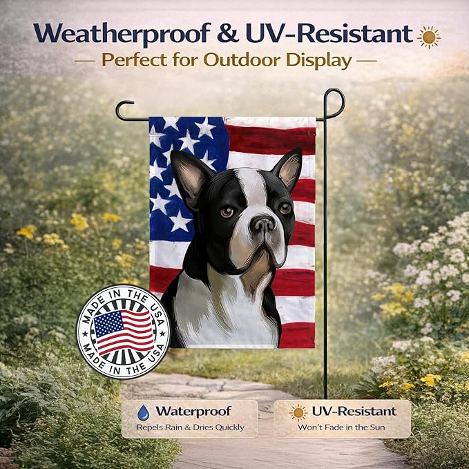 Caroline's Treasures CK6451GF Boston Terrier Dog American Flag Garden Flag Mailbox Flag Decorative Yard Flag Banner Outside Patio Artwork Yard Flower Beds, Garden Size, Multicolor