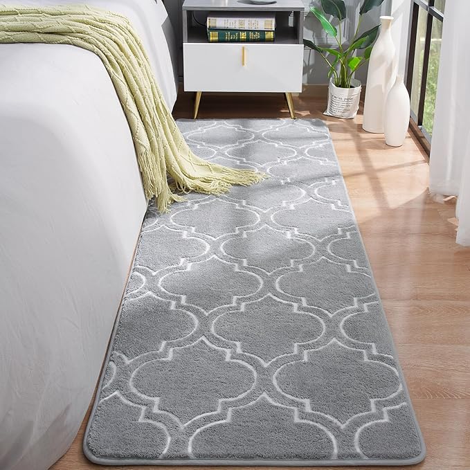 Chicrug 2x6 Shag Geometric Modern Runner Rug for Bedroom Hallway | Memory Foam Indoor Runner Carpet, Fluffy Rug for Living Room Bedside Room for Family, Grey and White