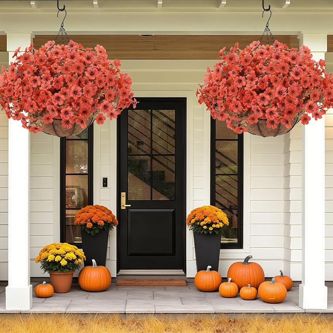 Artificial Hanging Basket Flowers, 24 Pcs Orange Mums, UV Outdoor Flowers | Look Real Mums Flowers with Hanging Baskets for Autumn Porch Patio Balcony Yard Home Decor