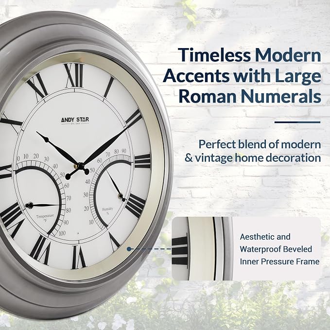 ANDY STAR 24 Inch Outdoor Clocks Waterproof,Large Outdoor Wall Clocks for Garden Patio Pool, Weatherproof Illuminated Metal Clock Battery Operated with Thermometer&Hygrometer, Silver Non Ticking