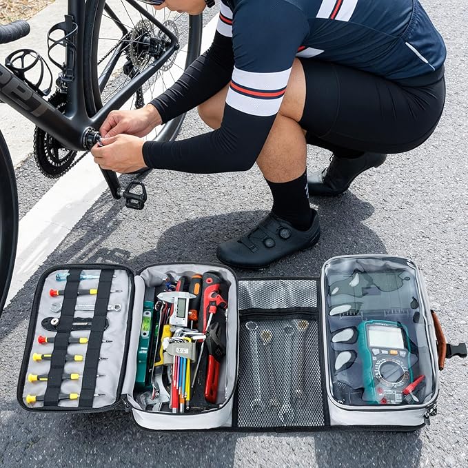 Heavy Duty Tool Bag Organizer with Clear Lid Compartments for Electrician, Portable Tool Organizer Case for Multimeter, Diagnostic & HVAC Repair Tools, Roll Up Tool Bag Organizer